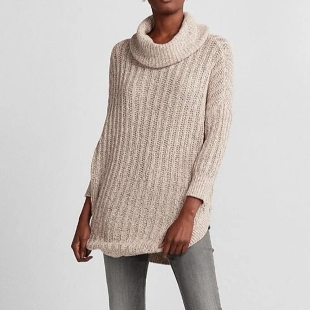 Express | Y2K Extreme Circle Hem Cowl Neck Ribbed Knit Cozy Sweater, Blush Beige